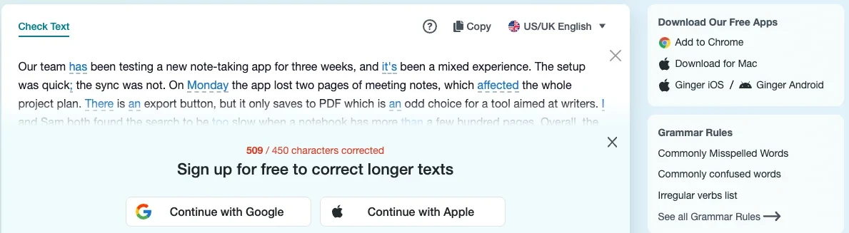 Ginger's free checker after a 509-character paragraph: corrections applied, the counter at 509 of 450 characters, and a sign-up prompt for longer texts