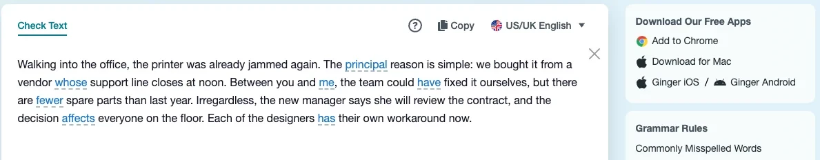 Ginger correcting the subtle-errors paragraph in place: principal, whose, me, have, fewer, affects and has