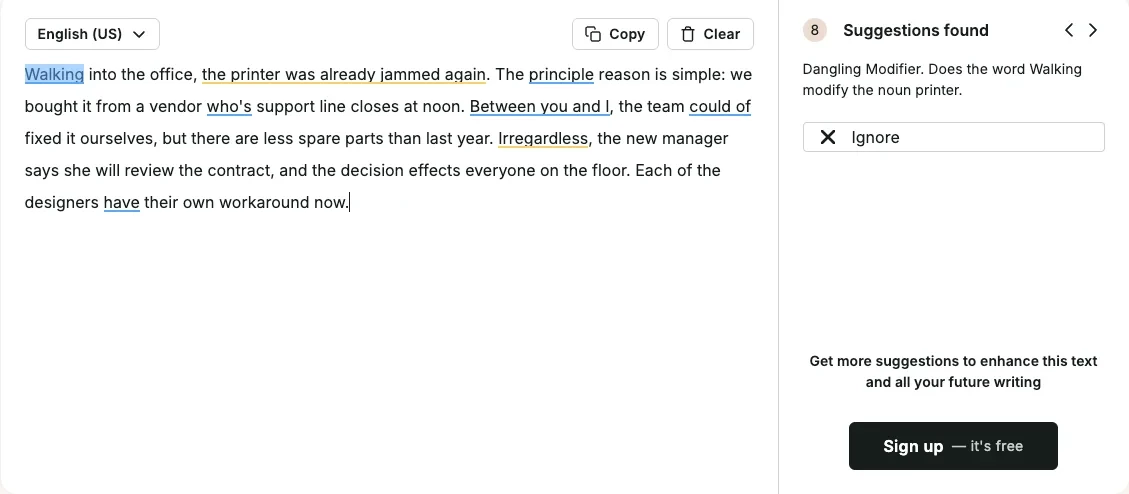 ProWritingAid flagging the dangling modifier "Walking" in the subtle-errors paragraph, among 8 suggestions