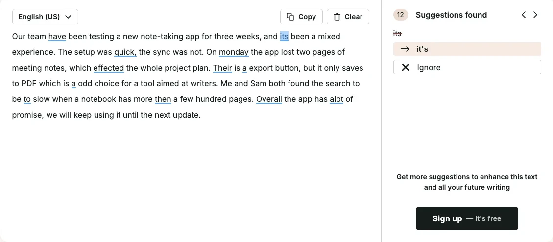 ProWritingAid's free grammar checker showing 12 suggestions on the planted-error paragraph