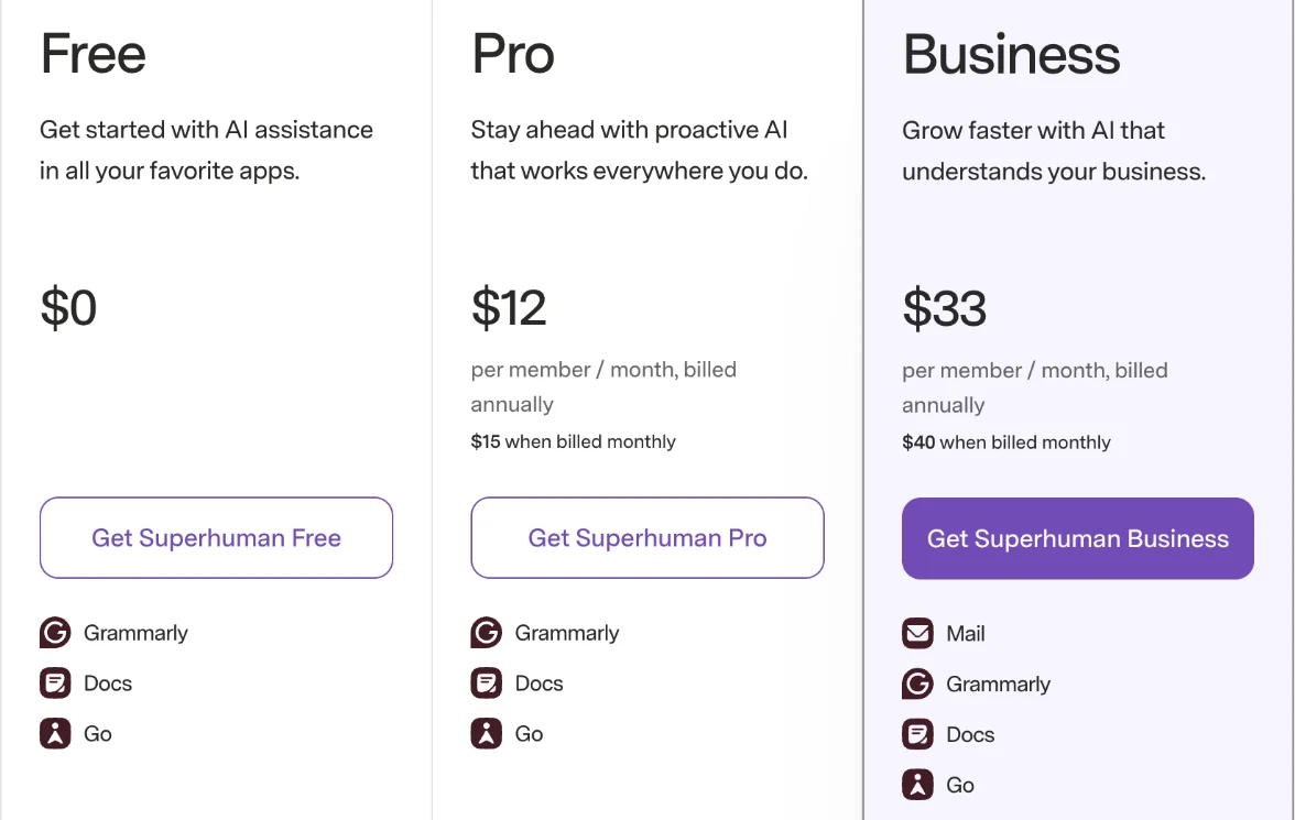 Superhuman plans page on 23 October 2026: Free $0, Pro $12 per member per month billed annually or $15 when billed monthly, Business $33 or $40 monthly, each listing Grammarly among the included apps