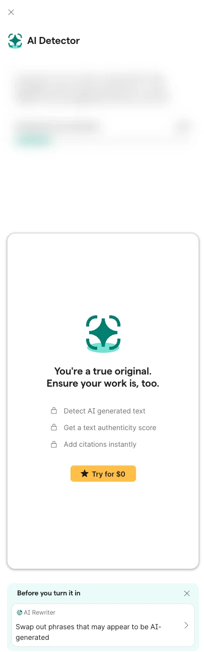 Grammarly AI Detector locked on a free account, with a Before you turn it in card promoting the AI Rewriter to swap out phrases that may appear to be AI-generated