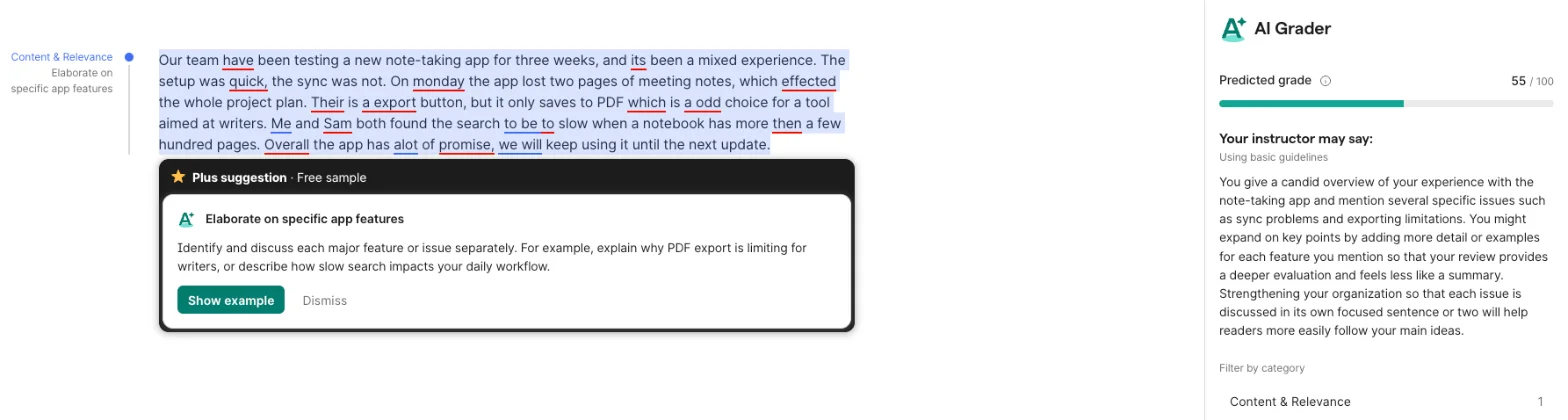 Grammarly AI Grader on a free account showing a predicted grade of 55 out of 100 and instructor-style feedback about expanding each issue