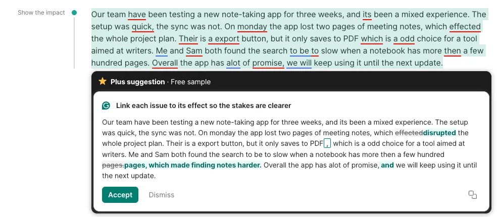 Grammarly Strengthen writing rewrite titled Link each issue to its effect so the stakes are clearer, adding the clause which made finding notes harder to a sentence that did not contain it