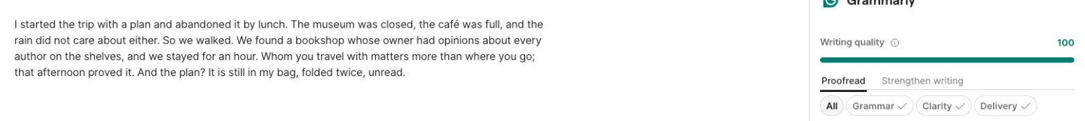 Grammarly showing a writing quality score of 100 and no suggestions on a clean travel paragraph with fragments and a semicolon