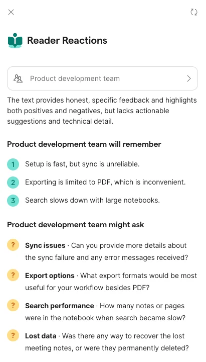 Grammarly Reader Reactions panel listing what a product development team will remember and might ask about the practice paragraph