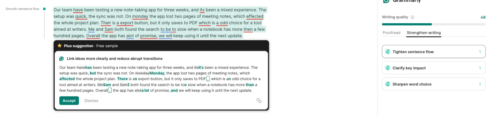 Grammarly Strengthen writing tab proposing a Tighten sentence flow rewrite of the whole practice paragraph as tracked changes, labelled Plus suggestion free sample