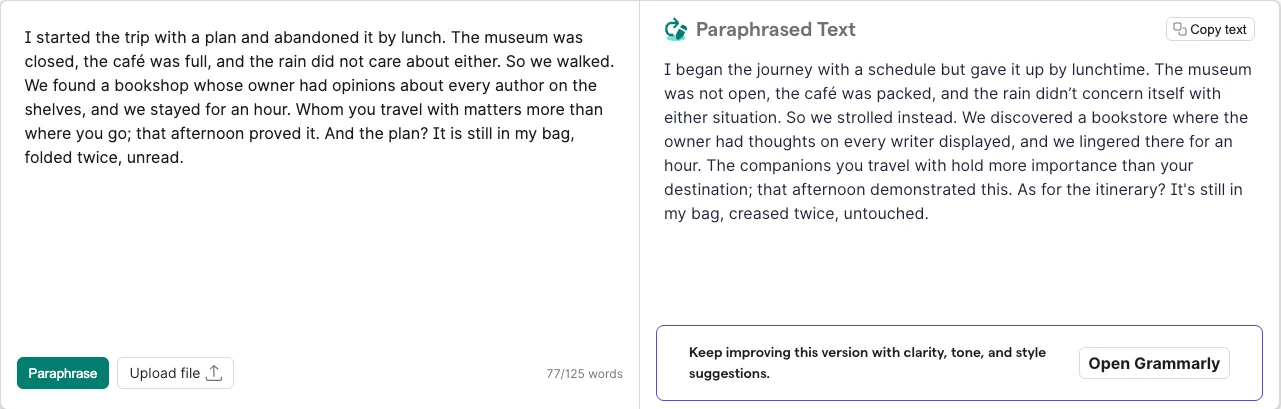 Grammarly's free paraphrasing page rewriting a 77-word travel paragraph: plan becomes schedule and later itinerary, folded becomes creased and unread becomes untouched