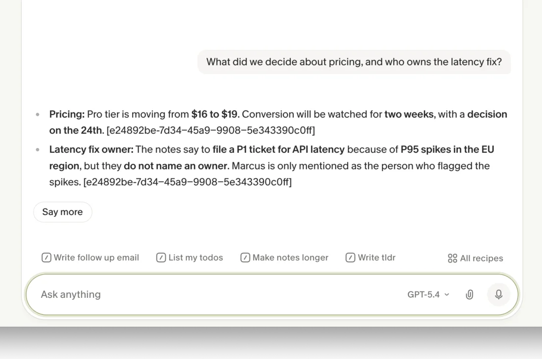 Granola's Ask-anything chat answering a question with a cited, nuance-aware reply on a GPT-5.4 model