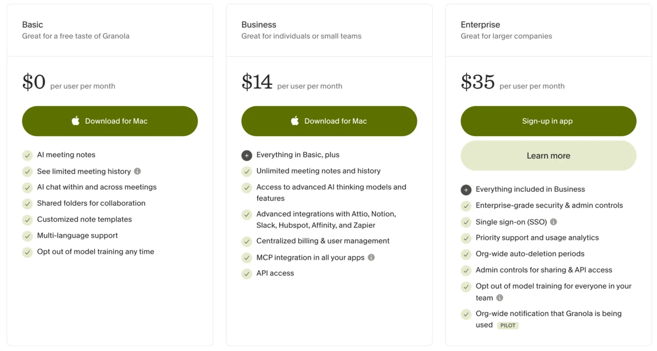 Granola's pricing tiers alongside its feature set