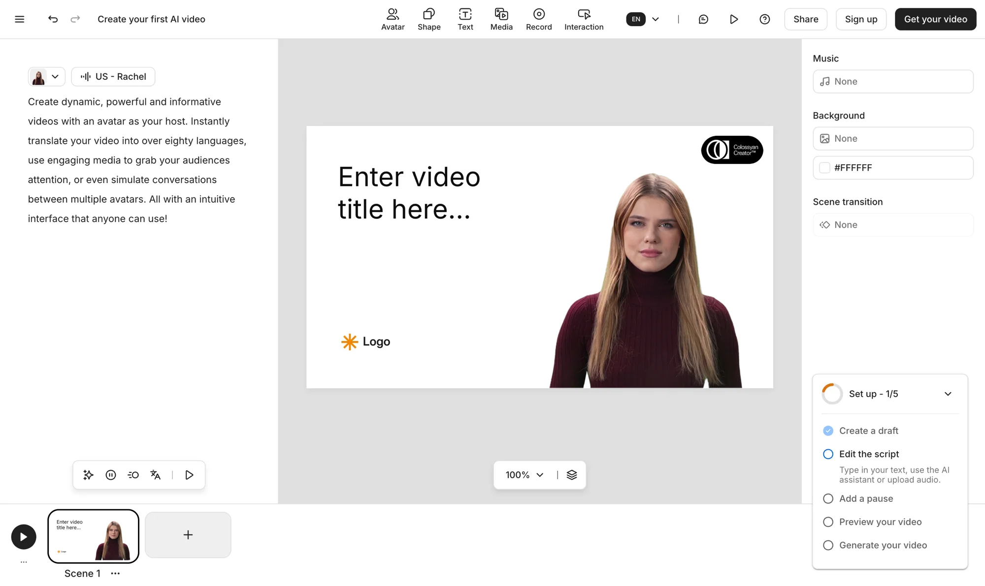 The Colossyan Creator editor: an avatar host beside a title scene, with the step-by-step "Set up" wizard for building an AI training video