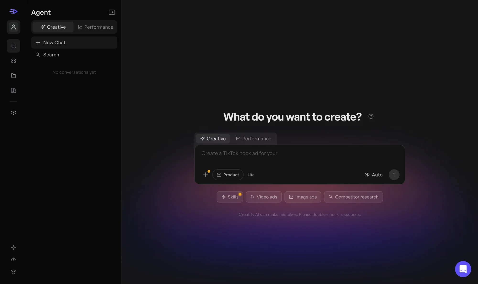 Creatify's AI agent create screen, offering video ads, image ads, and competitor research from a single prompt such as a TikTok hook ad
