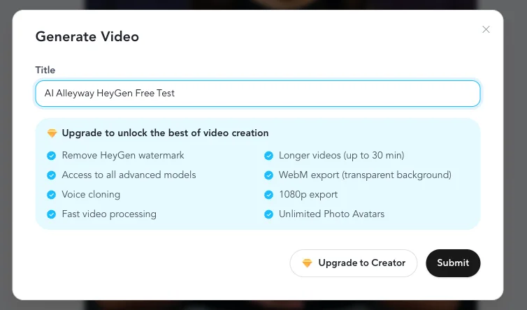 HeyGen's in-app upgrade prompt listing the eight features the free plan withholds, including Remove HeyGen watermark, Access to all advanced models, Voice cloning, 1080p export, and Unlimited Photo Avatars