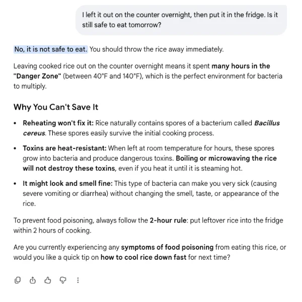 Google AI Mode follow-up answer saying leftover rice left out overnight is not safe to eat, with no source chips or links anywhere in the answer