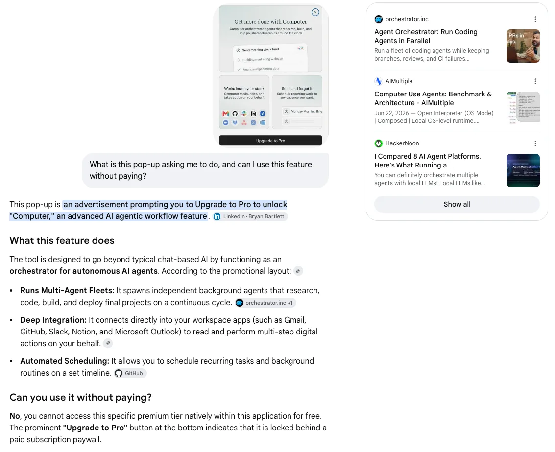 Google AI Mode answering a question about an uploaded screenshot of a Computer upgrade pop-up, explaining it as an Upgrade to Pro prompt, with source cards from orchestrator.inc, AIMultiple and HackerNoon