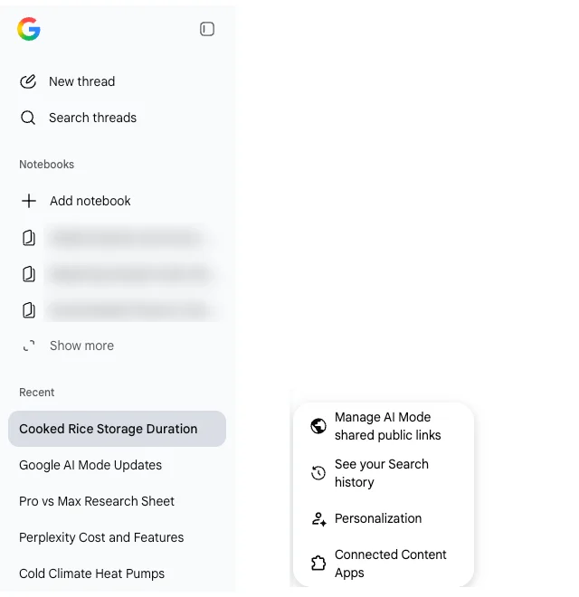 The Google AI Mode sidebar showing New thread, Search threads, Notebooks and a Recent list of threads, beside the settings menu with Manage AI Mode shared public links, See your Search history, Personalization and Connected Content Apps