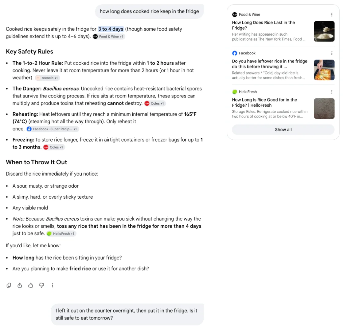 The AI Overview about cooked rice carried into Google AI Mode as the first turn of a thread, with the follow-up question about leaving rice out overnight below it