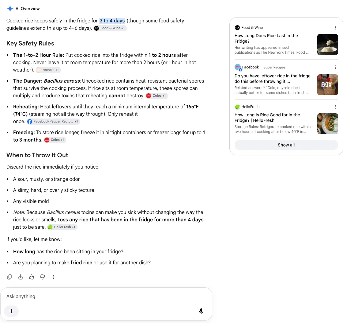 Google AI Overview for how long cooked rice keeps in the fridge, with source chips from Food & Wine, Coles and HelloFresh, and an Ask anything box with a + button under the answer