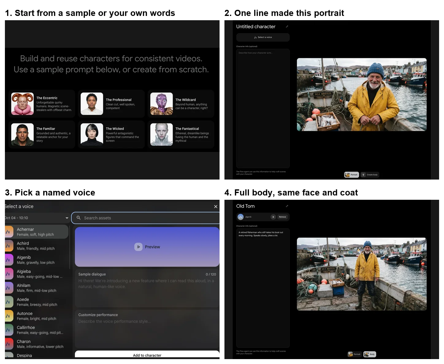 Building a character in Google Flow: the six sample characters, a portrait of an elderly fisherman made from one sentence, the voice picker listing named voices such as Achernar, Achird and Algenib with descriptions, and a full-body image of the same fisherman