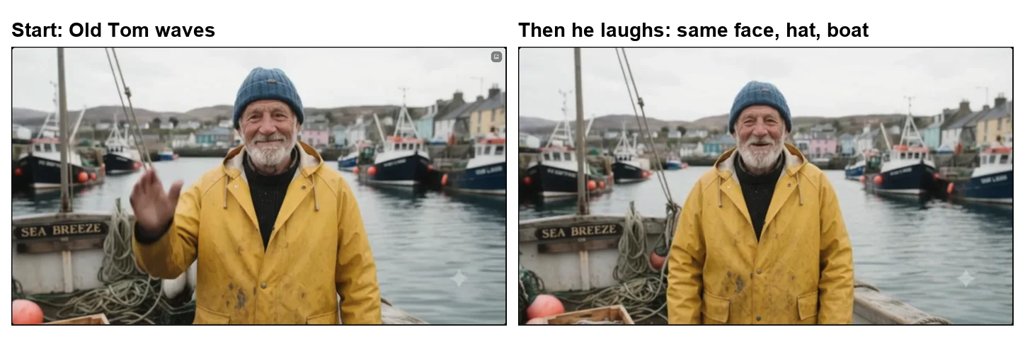 Two frames from a Google Flow clip of the Old Tom character: the fisherman waving at the camera in his yellow raincoat and blue hat on the Sea Breeze, then laughing, with the same face and harbour