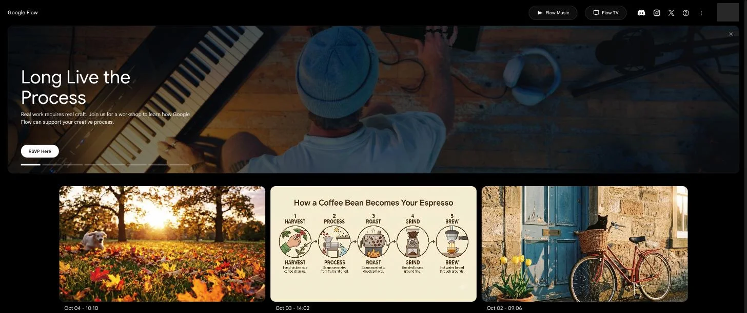 Google Flow's home screen on a free account: a banner for a Flow workshop, project cards named by date such as Oct 04 - 10:10, Oct 03 - 14:02 and Oct 02 - 09:06