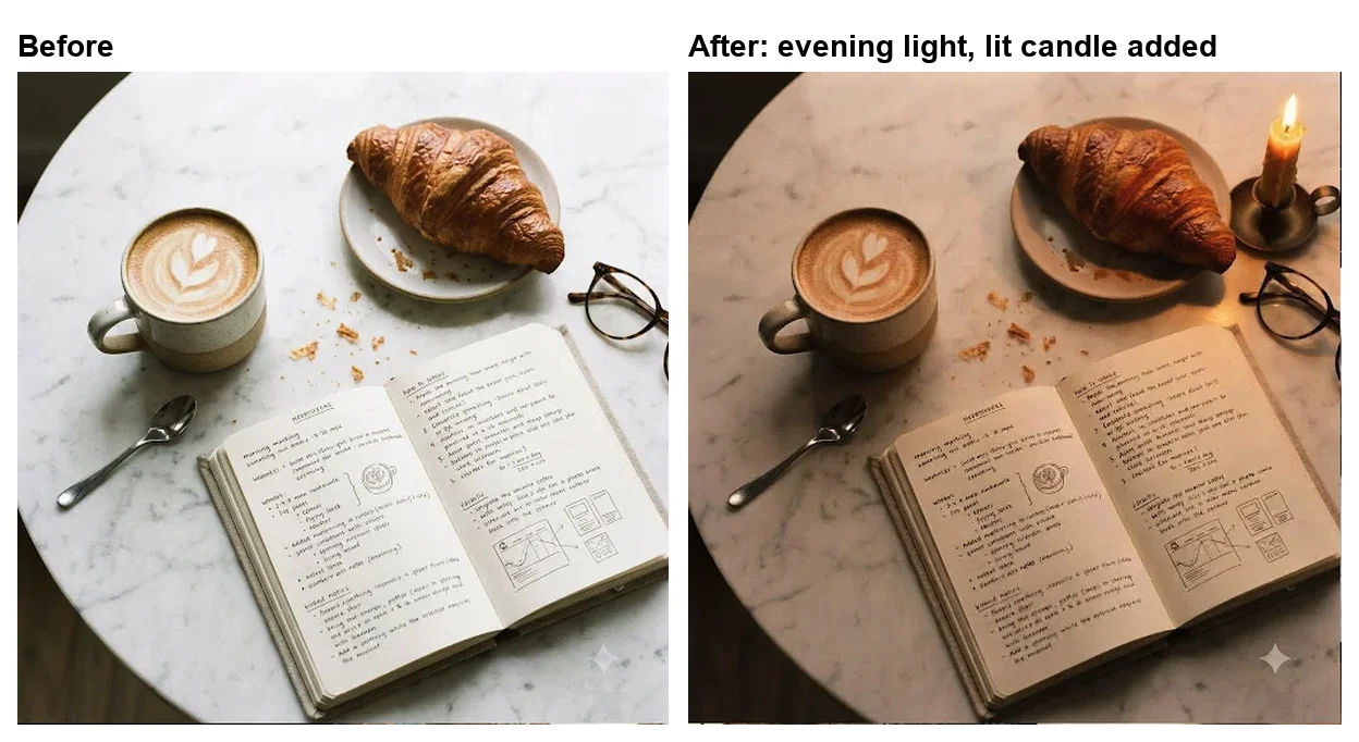 Before and after a Google Flow image edit: a bright flat-lay of a latte, croissant, glasses and notebook, then the same scene in evening light with a lit candle