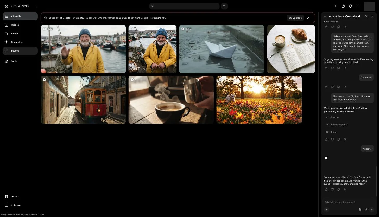A Google Flow project: the sidebar with All media, Images, Videos, Characters, Scenes and Tools, a grid of images and clips including a fisherman character called Old Tom, and the agent panel showing a request, a 4-credit approval card and the agent's reply