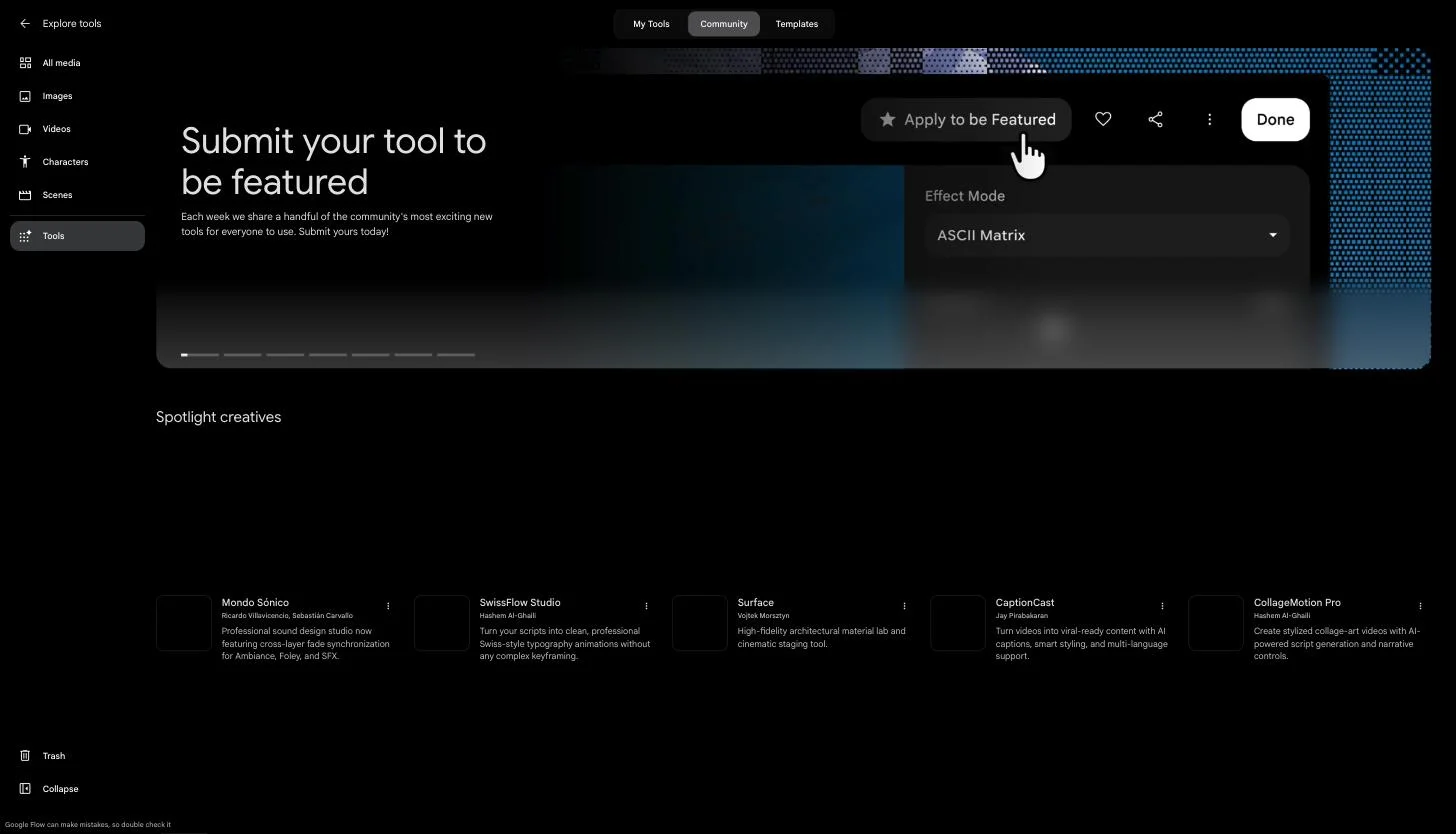 Google Flow's Tools page on the Community tab: a banner inviting users to submit tools to be featured, and spotlight tools including Mondo Sónico, SwissFlow Studio, Surface, CaptionCast and CollageMotion Pro