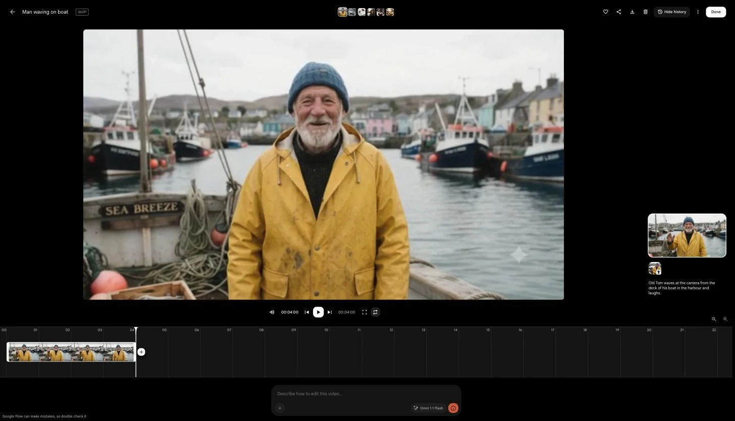 Google Flow's video editor with the Old Tom clip: a large preview of the fisherman, a timeline with the four-second clip and a plus button, the history panel with the prompt and character, and an edit box using Omni 1.1 Flash