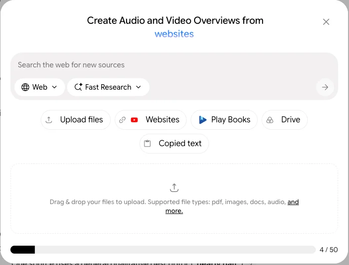 The Gemini Notebook add-sources window: a web search box with Fast Research, buttons for Upload files, Websites, Play Books, Drive and Copied text, a drop zone listing PDF, images, docs and audio, and a counter reading 4 of 50 sources