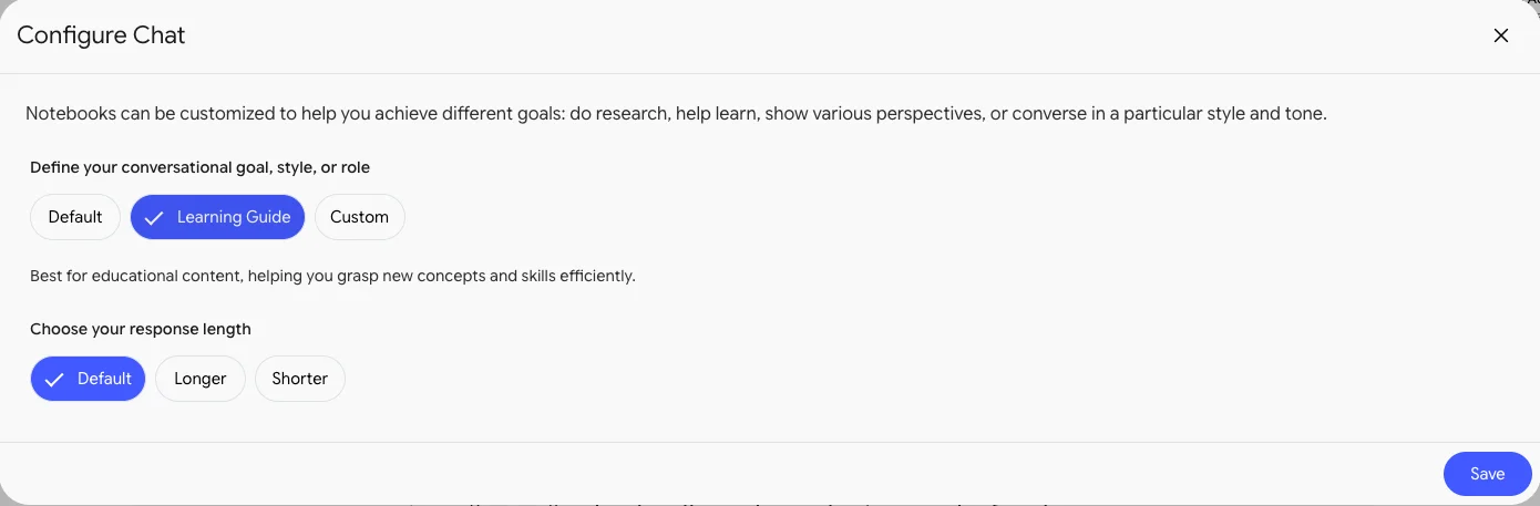 Gemini Notebook's Configure Chat window with three styles, Default, Learning Guide and Custom, Learning Guide selected and described as best for educational content, and response lengths Default, Longer and Shorter