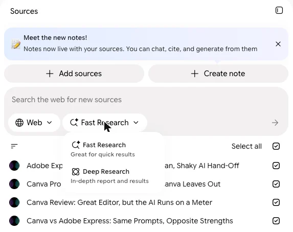 The research menu in Gemini Notebook's Sources panel: Fast Research for quick results and Deep Research for an in-depth report and results, with the search box set to Web