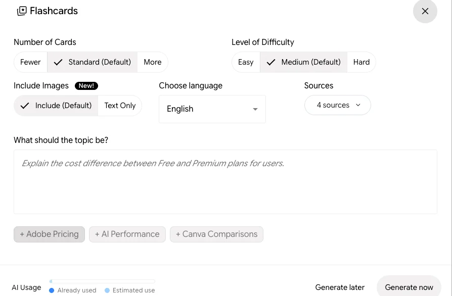 The Gemini Notebook Flashcards window: fewer, standard or more cards, easy, medium or hard difficulty, an option to include images, a language menu, a sources selector and a topic box with suggested topics