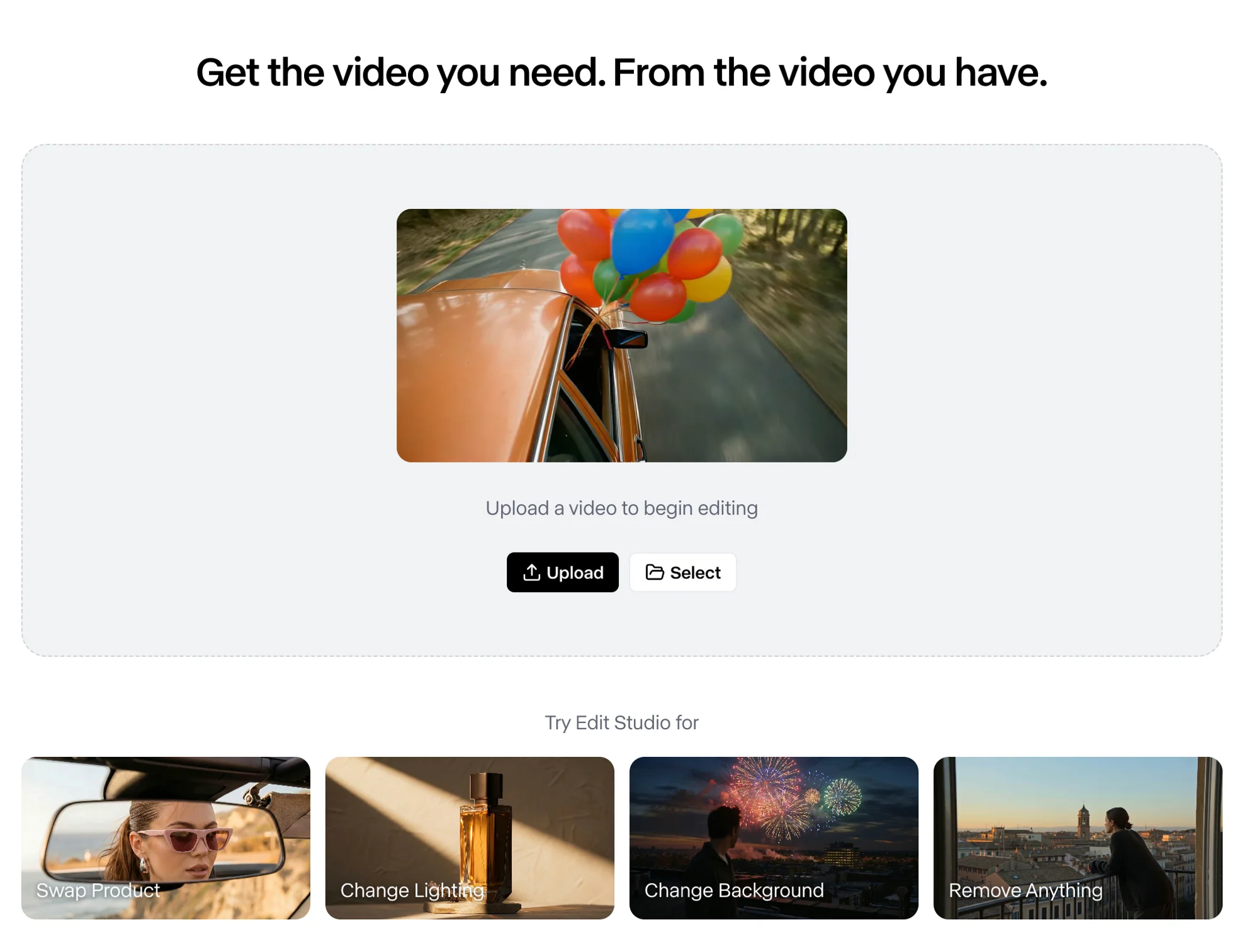 Runway's Aleph editing panel (Edit Studio): upload a clip to begin editing, with one-tap example edits — Swap Product, Change Lighting, Change Background, and Remove Anything