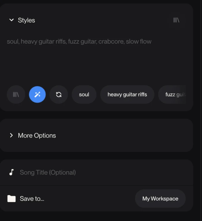 Suno's Advanced mode showing the separate Styles box with suggestion chips, More Options, an optional Song Title and a Save to workspace control