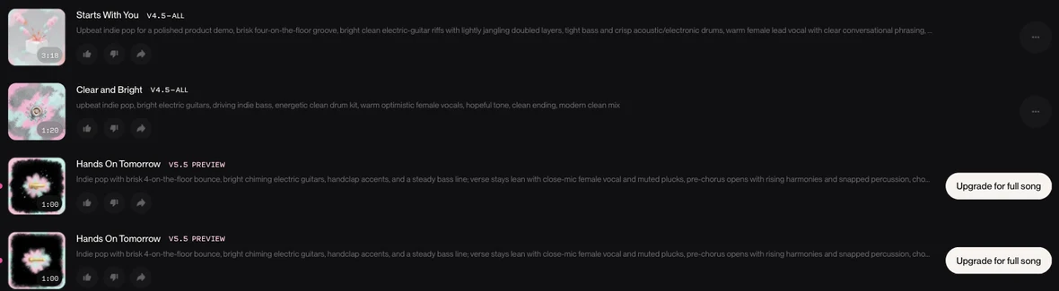 Suno's results list on a free account: two playable v4.5-all tracks alongside two v5.5 previews capped at 1:00, each with an Upgrade for full song button where the play control should be