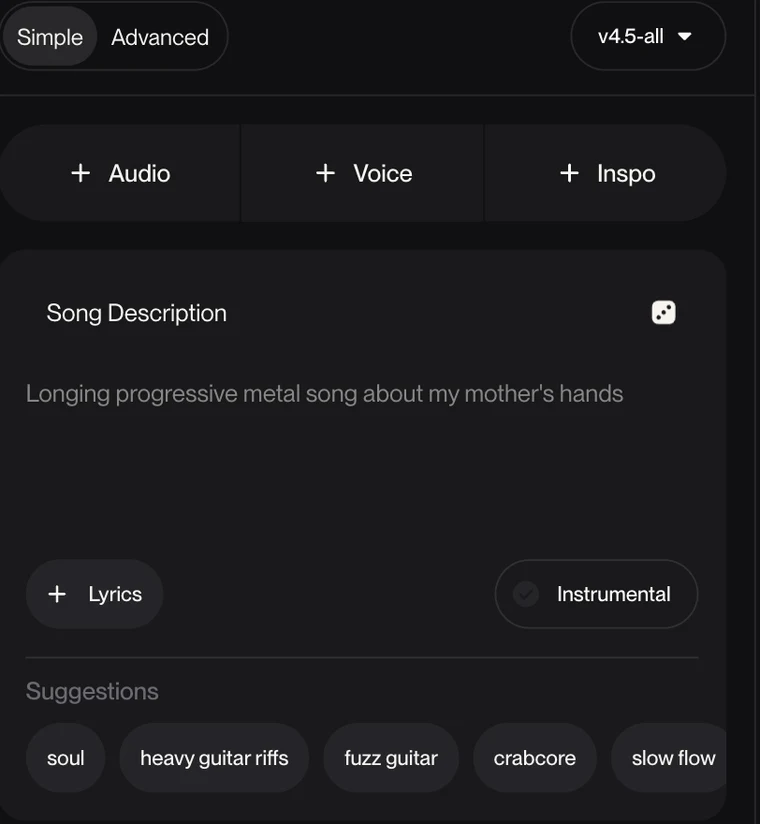 Suno's Simple mode on a free account: a Song Description box with a dice button, Lyrics and Instrumental buttons, and a row of suggestion chips