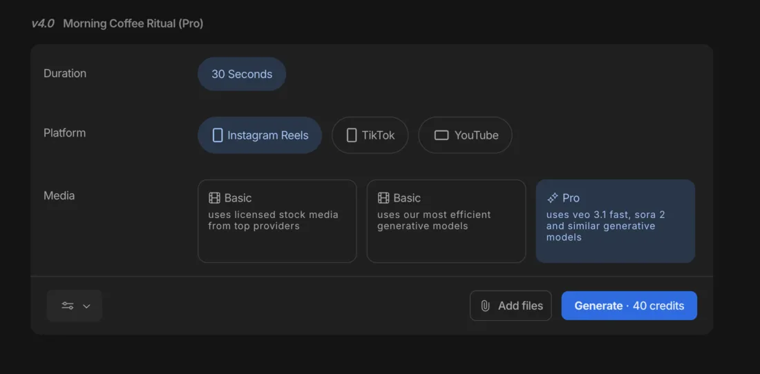 The same InVideo config screen with the Pro (Veo 3.1 / Sora 2) media tier selected: the Generate button now reads "Generate · 40 credits" — twenty times the 2-credit stock cost for one 30-second clip