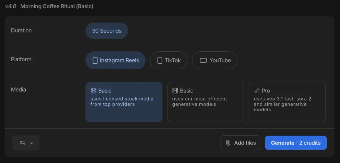 InVideo's Autopilot config screen for a 30-second video on the stock-footage (Basic) setting, showing the blue "Generate · 2 credits" button — the cheapest of the three media tiers