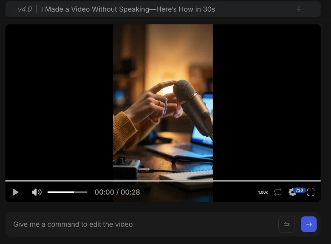 InVideo's v4 Agent One editor: the generated video in the preview with a "Give me a command to edit the video" box below it, so revisions are typed in plain English rather than dragged on a timeline