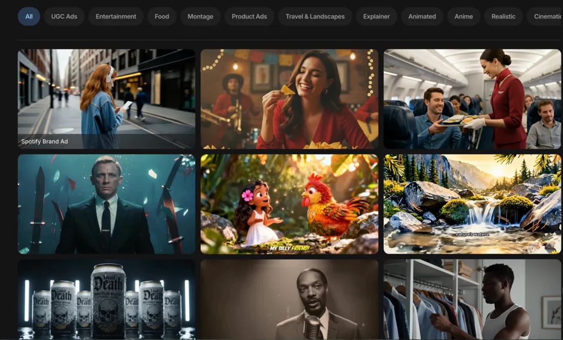 InVideo's Explore gallery: a grid of finished example videos across categories like UGC ads, entertainment, and explainer, each an AI-generated clip you can open to copy the prompt that produced it