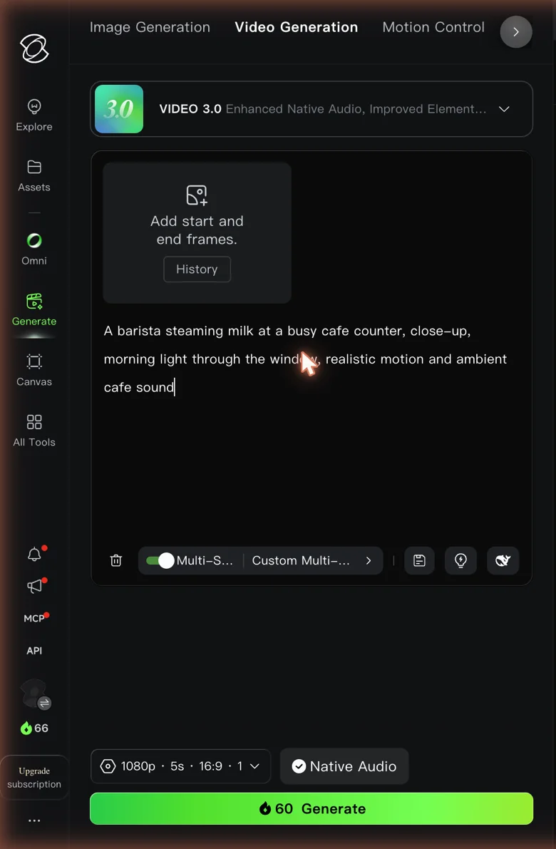 Kling AI generation panel showing a 1080p Video 3.0 clip costing 60 credits, with 66 free credits in the account