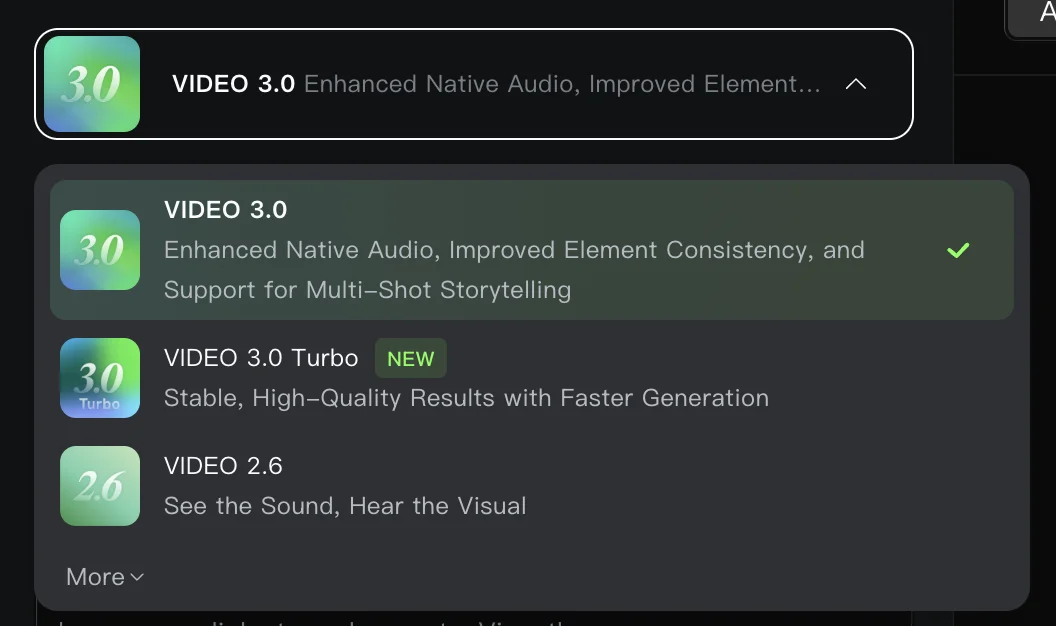 Kling AI video model dropdown showing Video 3.0, Video 3.0 Turbo, and Video 2.6