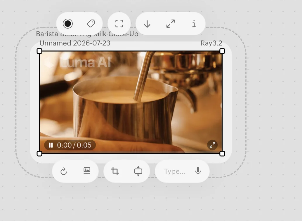 The trial's barista clip carries a Luma AI watermark, rendered on Luma's Ray 3.2 model
