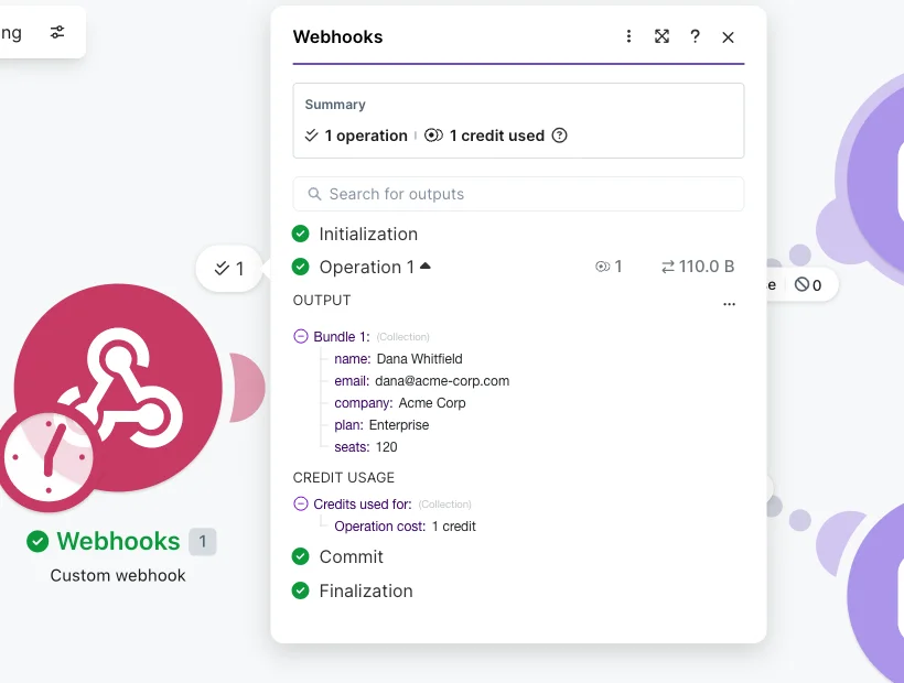 Make's execution inspector for a single run: the Webhooks module's output bundle — a parsed lead with name, email, company, plan, and seats — alongside a credit-usage breakdown showing the operation cost one credit