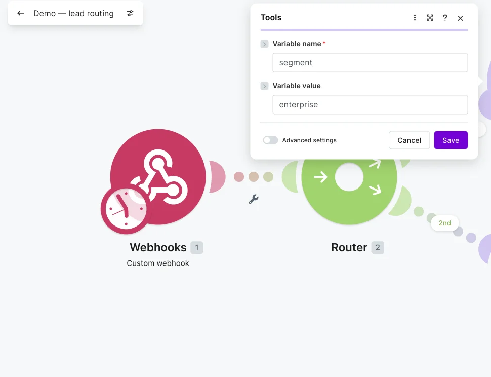 A Set-variable module's configuration panel open on the Make canvas, mapping the variable "segment" to "enterprise", with the Webhooks trigger and Router module visible behind it