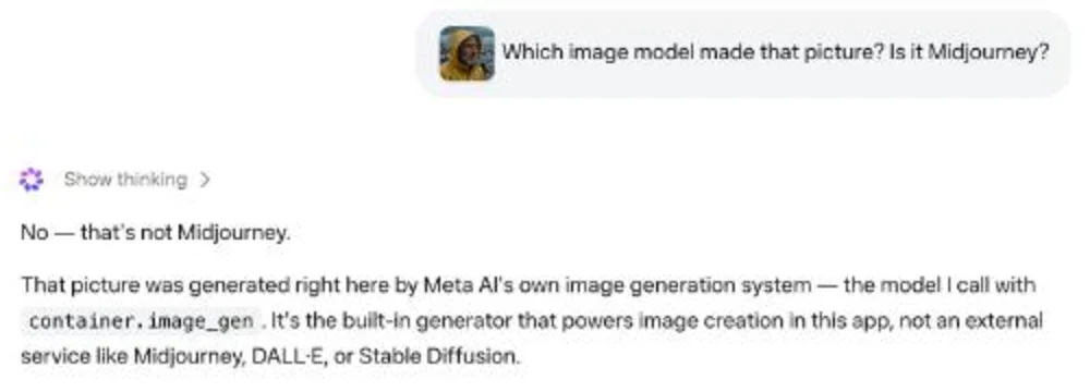 Meta AI's reply when asked whether its fisherman image was made by Midjourney: No, that's not Midjourney, it was generated by Meta AI's own image generation system, not an external service like Midjourney, DALL-E or Stable Diffusion