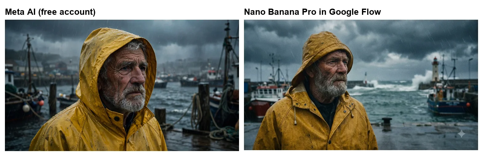 The same fisherman prompt made free in Meta AI and in Nano Banana Pro on Google Flow: both show a weathered bearded man in a yellow hooded raincoat on a stormy harbour, Meta AI's closer and darker with boats and dock posts, Nano Banana Pro's with a lighthouse and breaking waves