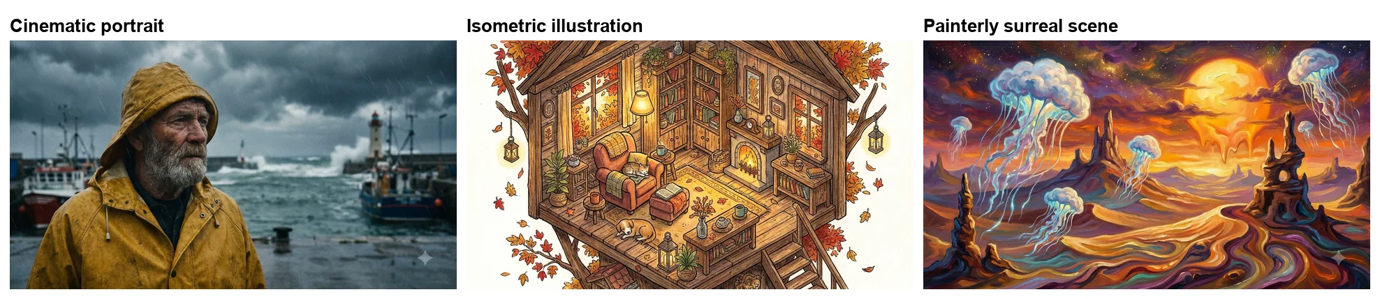 Three images made free with Nano Banana Pro in Google Flow: a weathered fisherman in a mustard raincoat on a stormy harbour, an isometric treehouse reading nook in autumn with a sleeping cat and dog, and an oil-painting style desert with glowing jellyfish under a melting sun