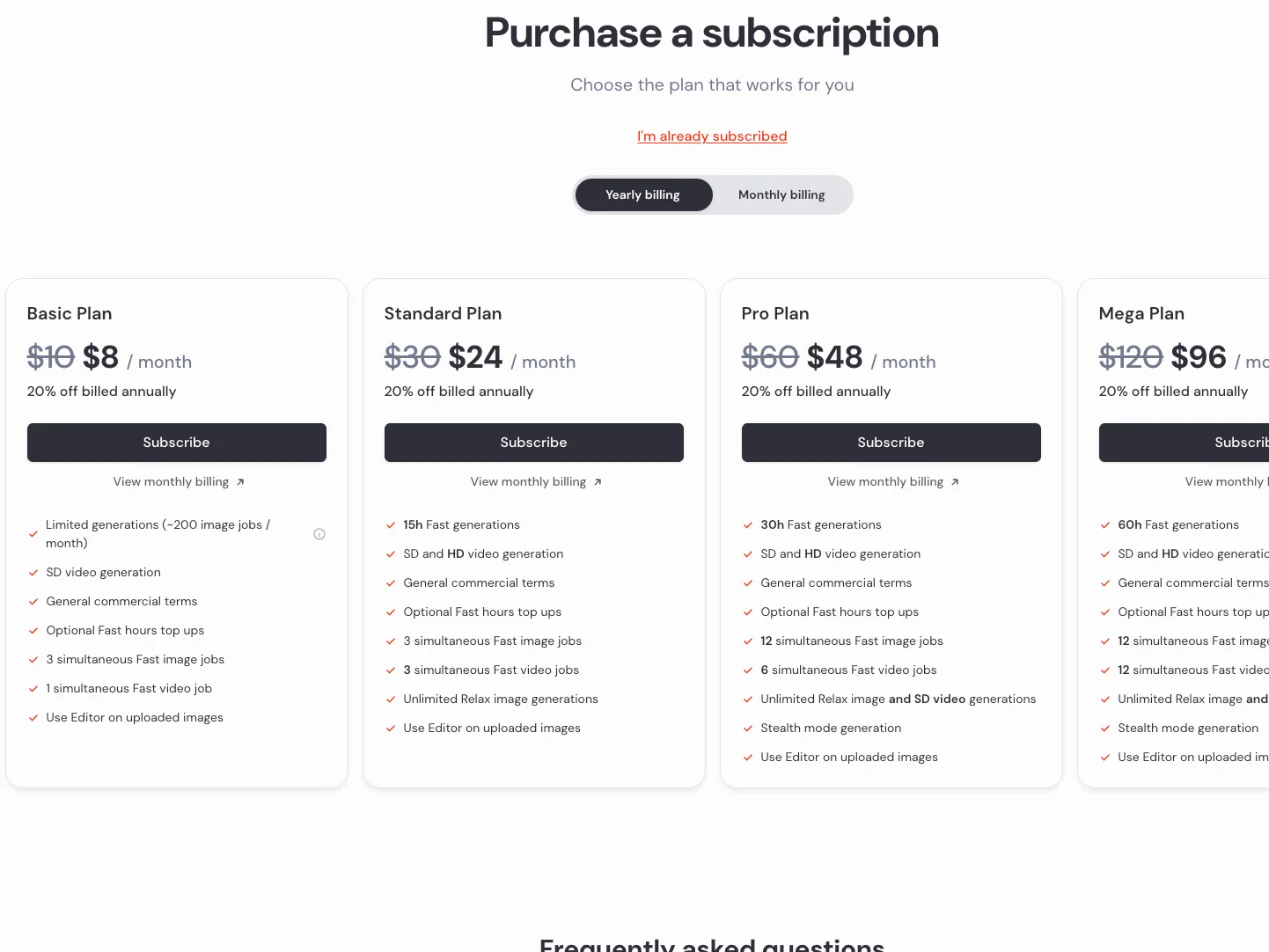 Midjourney's plans page on 7 October 2026: Basic at $10 or $8 a month billed annually with about 200 image jobs, Standard at $30 or $24 with 15 Fast hours, Pro at $60 or $48 with 30 Fast hours and Stealth mode, and Mega at $120 or $96 with 60 Fast hours